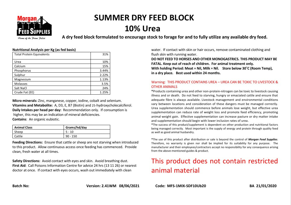 MORGANS SUMMER DRY FEED BLOCK 10% UREA 20KG