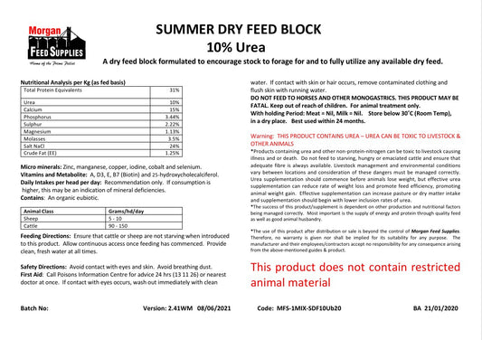 MORGANS SUMMER DRY FEED BLOCK 10% UREA 20KG