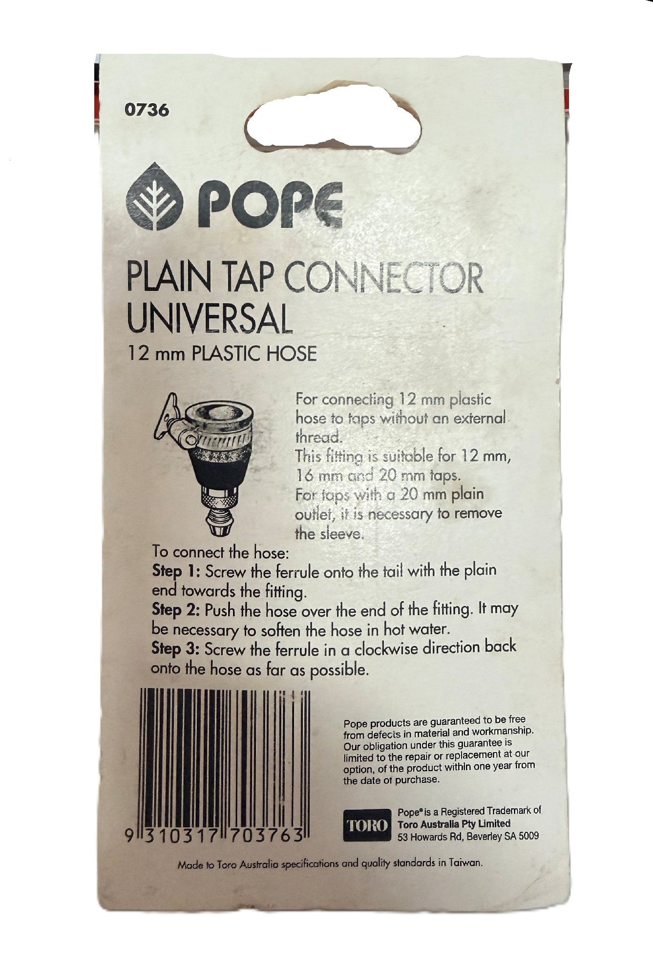 PLAIN TAP CONNECTOR UNIVERSAL POPE 12MM PLASTIC HOSE
