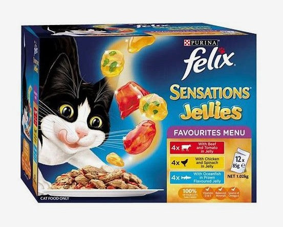 FELIX CAT FOOD SENSATIONS JELLIES 12 PACK [Flvr:Favourites Menu]