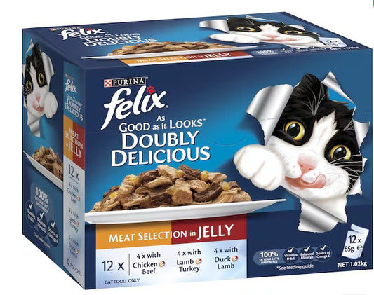 FELIX CAT FOOD DOUBLY DELICIOUS 12 PACK MEAT SELECTION