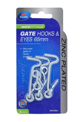 GATE HOOK & EYE ZINC PLATED 65MM 3 PIECE