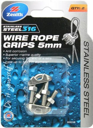 WIRE ROPE GRIPS STAINLESS STEEL ZENITH 5MM 2PK