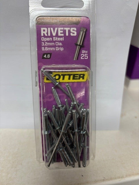 RIVETS OPEN STEEL 25 PACK [Size:3.20mm x 9.60mm]