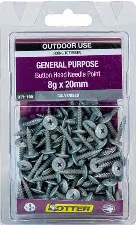 BUTTON HEAD SCREWS GENERAL PURPOSE GALVANISED OTTER 8G X 20MM 100 PACK