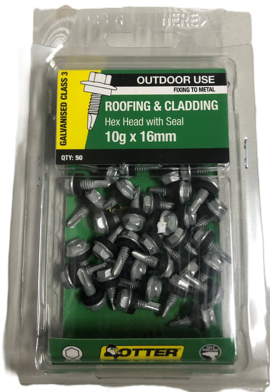 ROOF & CLADDING SCREWS HEX HEAD METAL OTTER 50 PACK [Size:10G x 16mm]