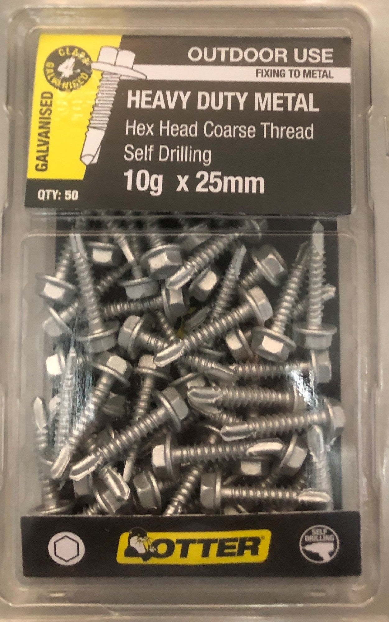 HEAVY DUTY METAL SCREWS HEX HEAD COURSE GALV OTTER 50 PACK [Size:10G x 25mm]