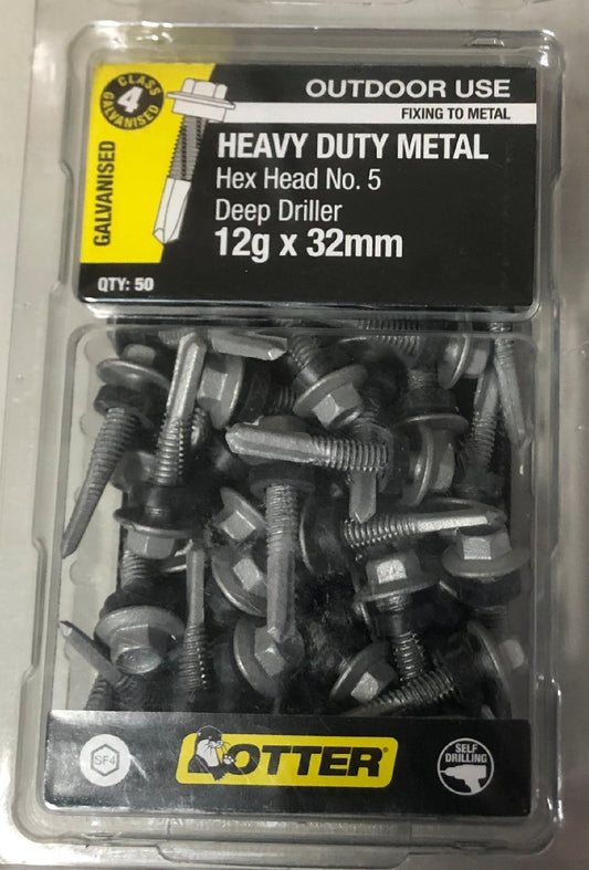 HEAVY DUTY METAL SCREWS HEX HEAD DEEP DRILLER GALV OTTER 50 PACK [Size:12g x 32mm]