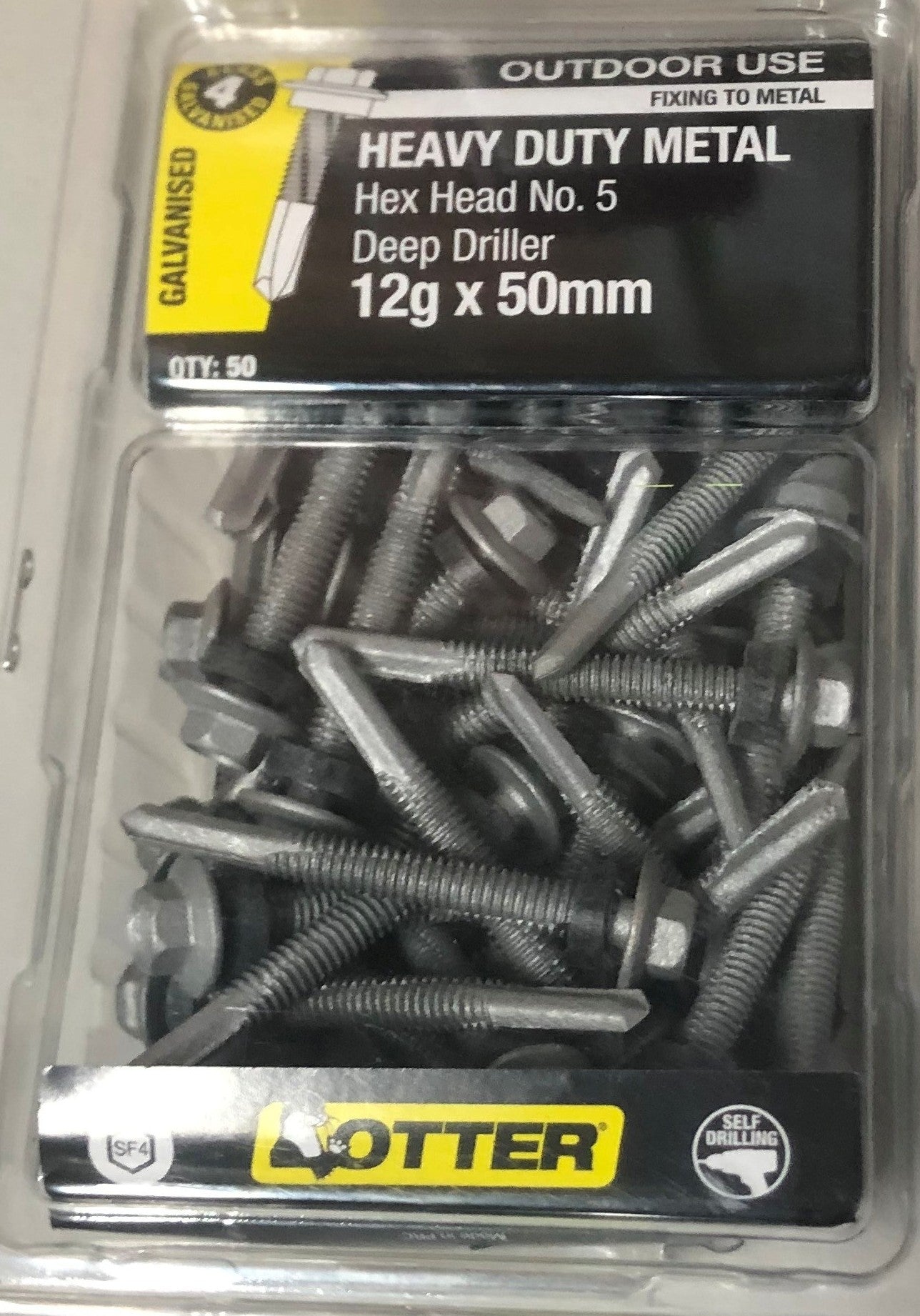 HEAVY DUTY METAL SCREWS HEX HEAD DEEP DRILLER GALV OTTER 50 PACK [Size:12G x 50mm]